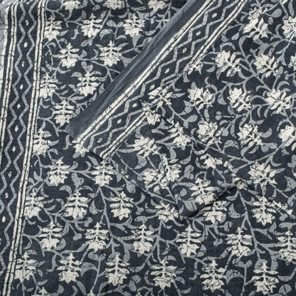 Sanskriti Vintage Saree Blue 100% Pure Cotton Block-Batik Print Sari 5+YD Fabric