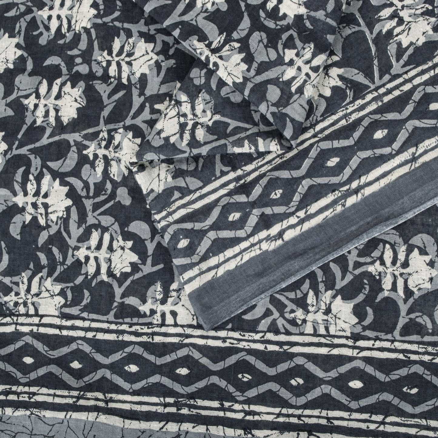 Sanskriti Vintage Saree Blue 100% Pure Cotton Block-Batik Print Sari 5+YD Fabric