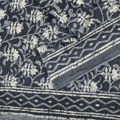 Sanskriti Vintage Saree Blue 100% Pure Cotton Block-Batik Print Sari 5+YD Fabric