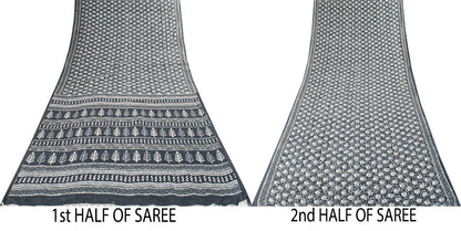 Sanskriti Vintage Saree Blue 100% Pure Cotton Block-Batik Print Sari 5+YD Fabric