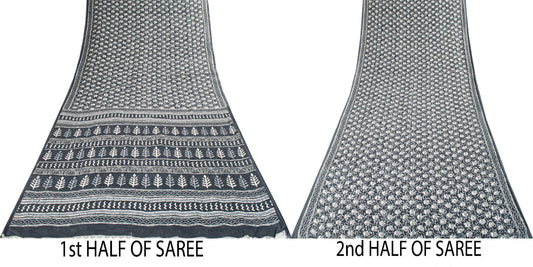 Sanskriti Vintage Saree Blue 100% Pure Cotton Block-Batik Print Sari 5+YD Fabric