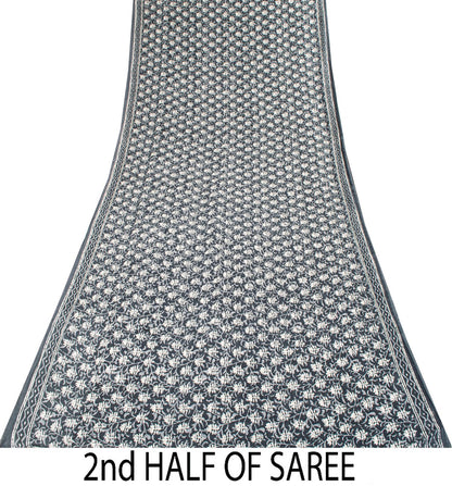 Sanskriti Vintage Saree Blue 100% Pure Cotton Block-Batik Print Sari 5+YD Fabric