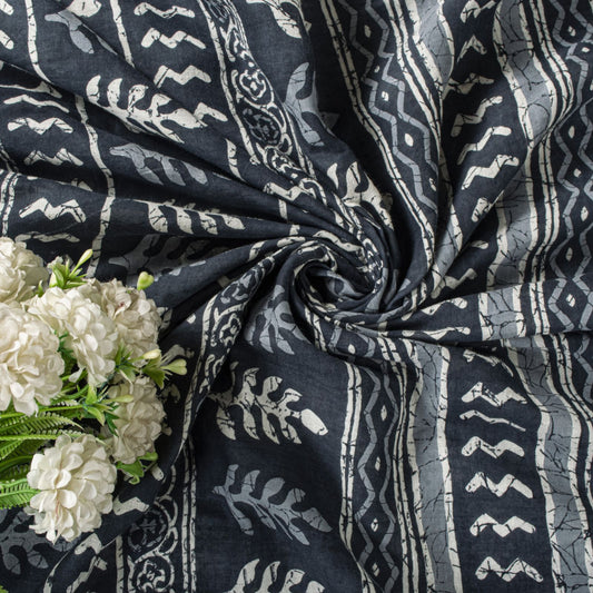 Sanskriti Vintage Saree Blue 100% Pure Cotton Block-Batik Print Sari 5+YD Fabric
