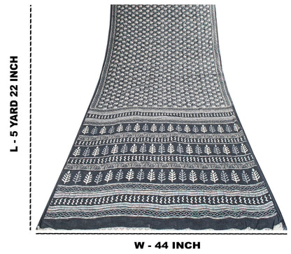 Sanskriti Vintage Saree Blue 100% Pure Cotton Block-Batik Print Sari 5+YD Fabric