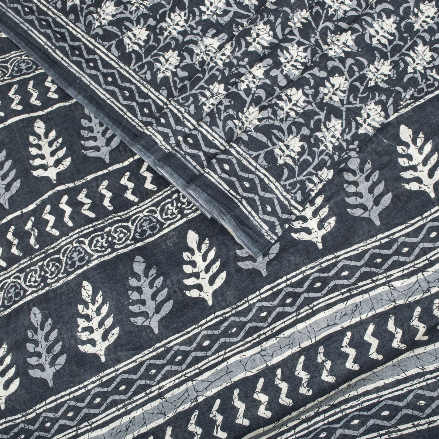 Sanskriti Vintage Saree Blue 100% Pure Cotton Block-Batik Print Sari 5+YD Fabric