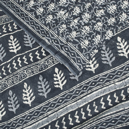 Sanskriti Vintage Saree Blue 100% Pure Cotton Block-Batik Print Sari 5+YD Fabric