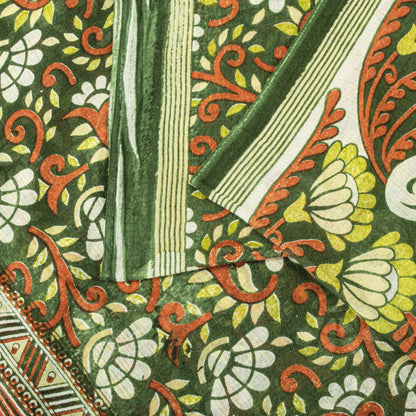 Sanskriti Vintage Saree Green Pure Cotton Floral Digital Print Sari 5+YD Fabric
