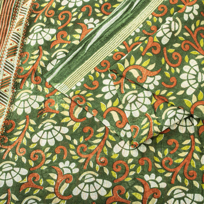 Sanskriti Vintage Saree Green Pure Cotton Floral Digital Print Sari 5+YD Fabric
