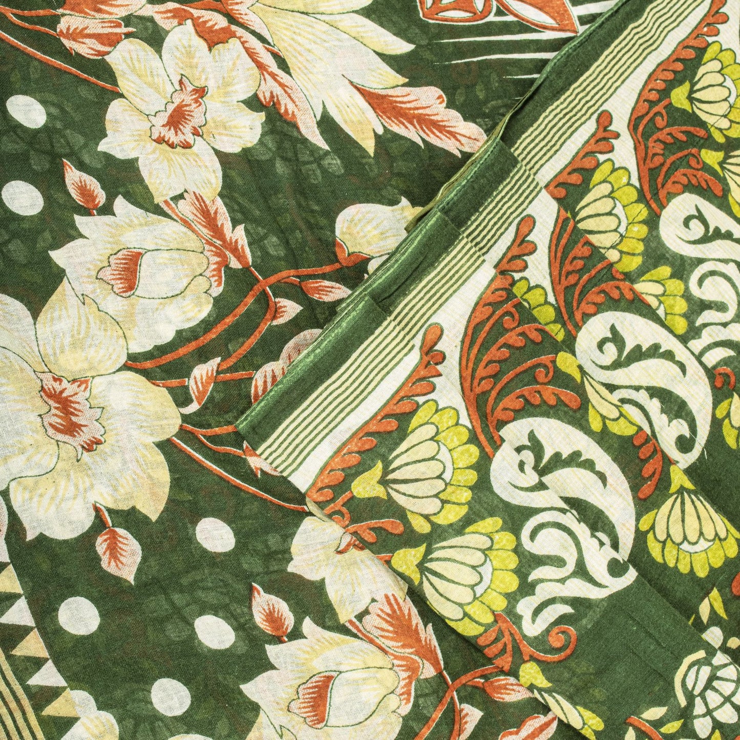 Sanskriti Vintage Saree Green Pure Cotton Floral Digital Print Sari 5+YD Fabric