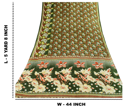 Sanskriti Vintage Saree Green Pure Cotton Floral Digital Print Sari 5+YD Fabric
