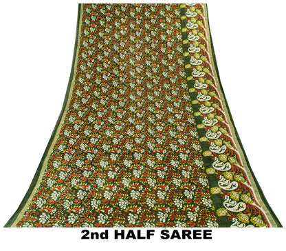 Sanskriti Vintage Saree Green Pure Cotton Floral Digital Print Sari 5+YD Fabric