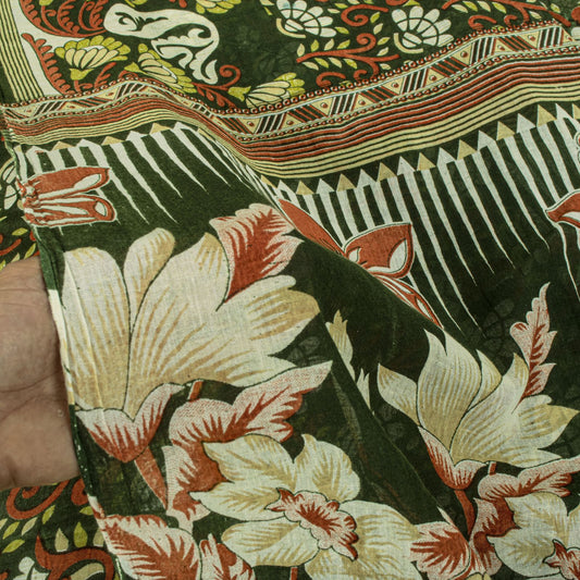Sanskriti Vintage Saree Green Pure Cotton Floral Digital Print Sari 5+YD Fabric