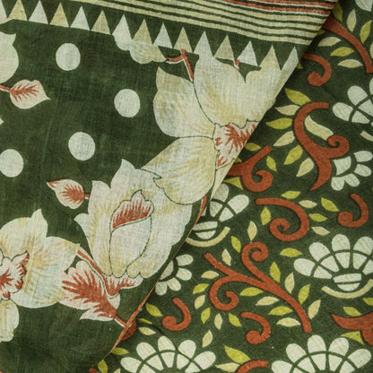 Sanskriti Vintage Saree Green Pure Cotton Floral Digital Print Sari 5+YD Fabric
