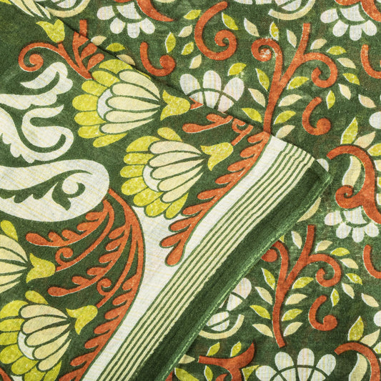 Sanskriti Vintage Saree Green Pure Cotton Floral Digital Print Sari 5+YD Fabric