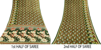 Sanskriti Vintage Saree Green Pure Cotton Floral Digital Print Sari 5+YD Fabric
