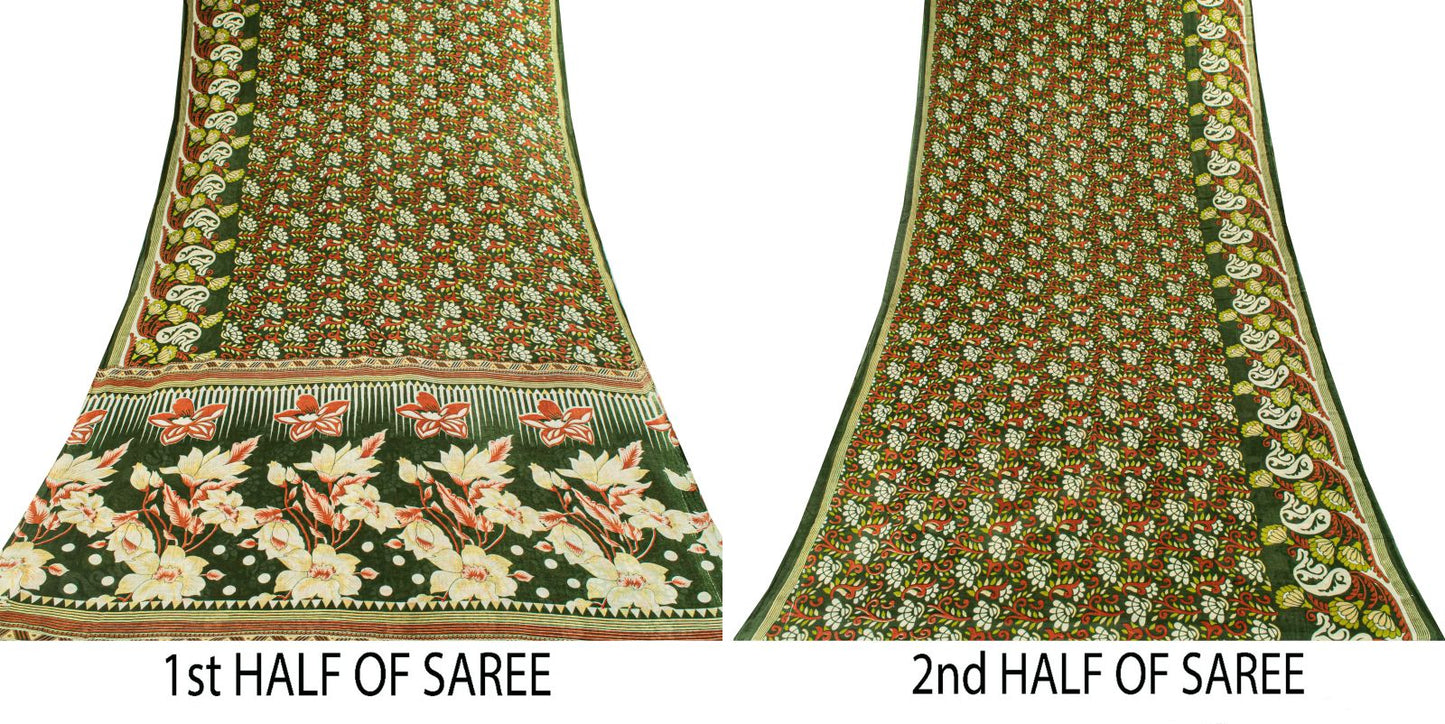 Sanskriti Vintage Saree Green Pure Cotton Floral Digital Print Sari 5+YD Fabric