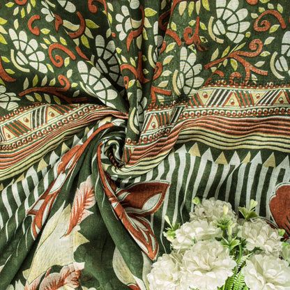 Sanskriti Vintage Saree Green Pure Cotton Floral Digital Print Sari 5+YD Fabric