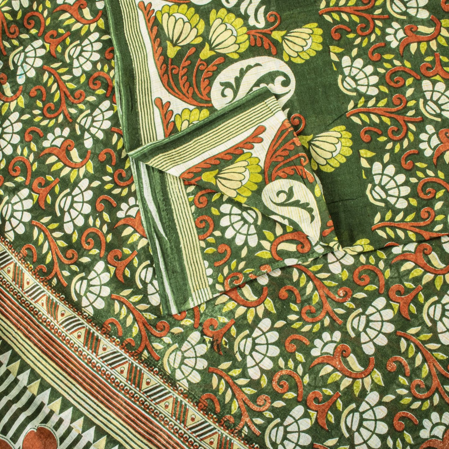 Sanskriti Vintage Saree Green Pure Cotton Floral Digital Print Sari 5+YD Fabric