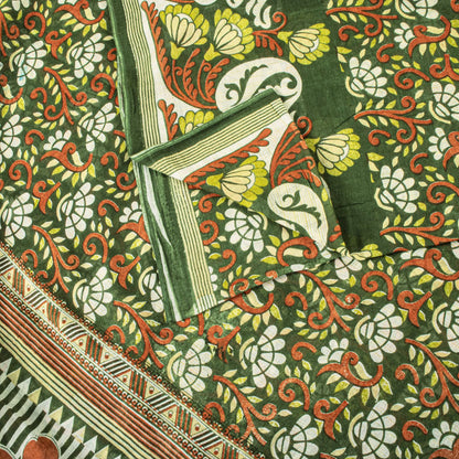 Sanskriti Vintage Saree Green Pure Cotton Floral Digital Print Sari 5+YD Fabric