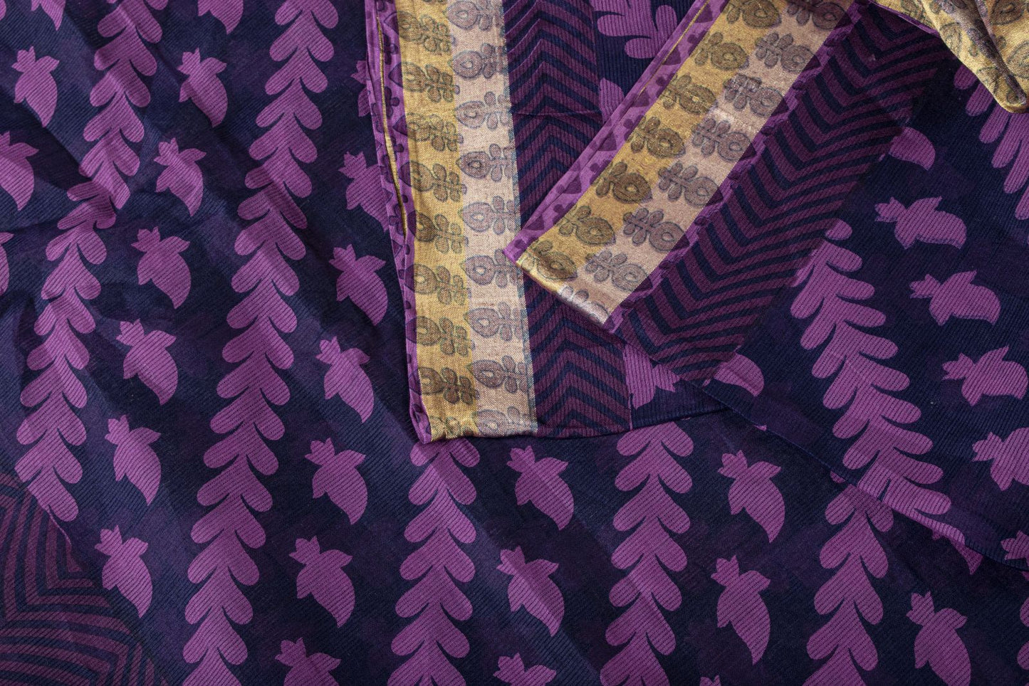 Sanskriti Vintage Saree Violet Pure Cotton Floral Printed Sari 5YD Craft Fabric
