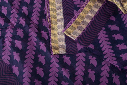 Sanskriti Vintage Saree Violet Pure Cotton Floral Printed Sari 5YD Craft Fabric