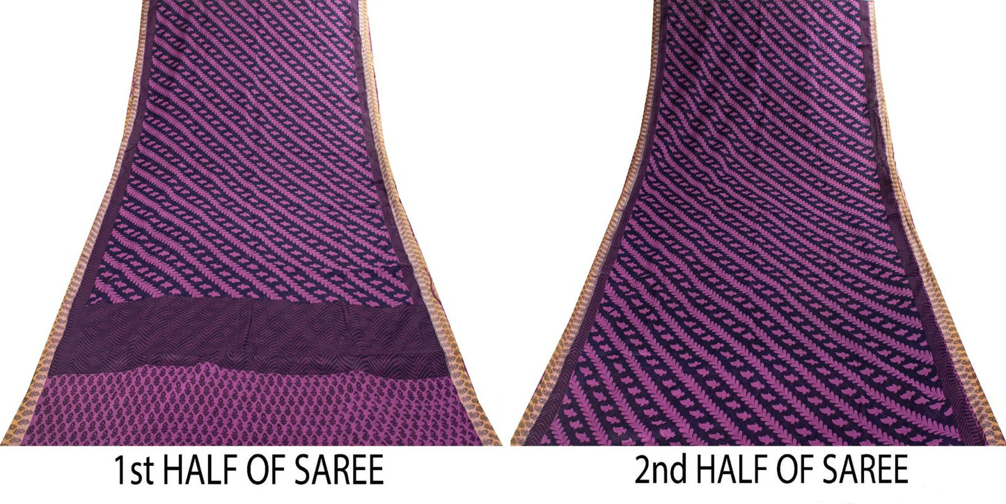 Sanskriti Vintage Saree Violet Pure Cotton Floral Printed Sari 5YD Craft Fabric