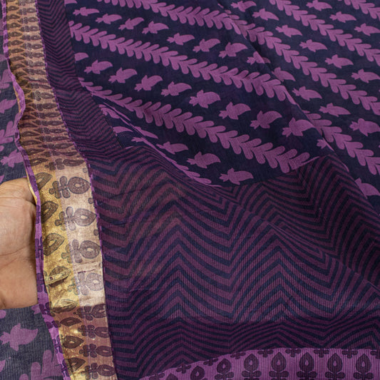 Sanskriti Vintage Saree Violet Pure Cotton Floral Printed Sari 5YD Craft Fabric