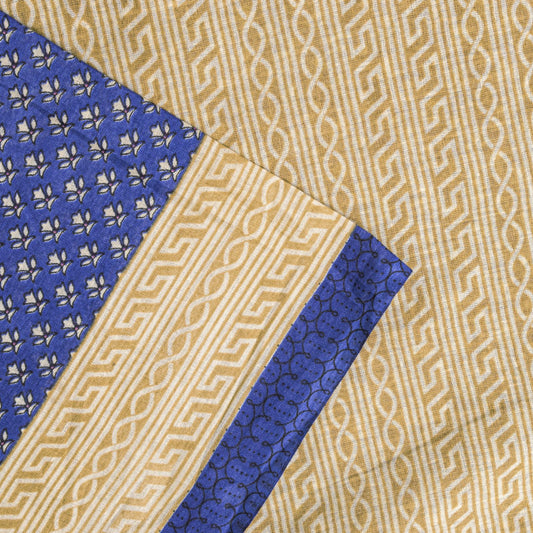 Sanskriti Vintage Saree Blue Pure Cotton Floral Printed Sari 5+YD Craft Fabric