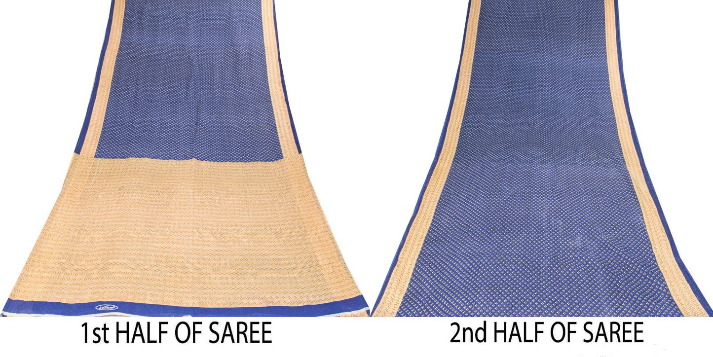 Sanskriti Vintage Saree Blue Pure Cotton Floral Printed Sari 5+YD Craft Fabric