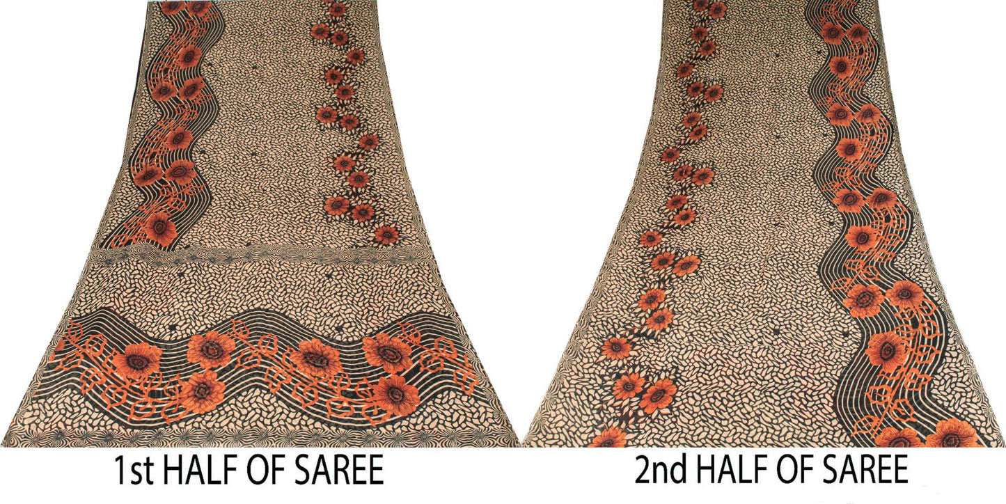 Sanskriti Vintage Saree Black Pure Cotton Floral Printed Sari 5+YD Craft Fabric