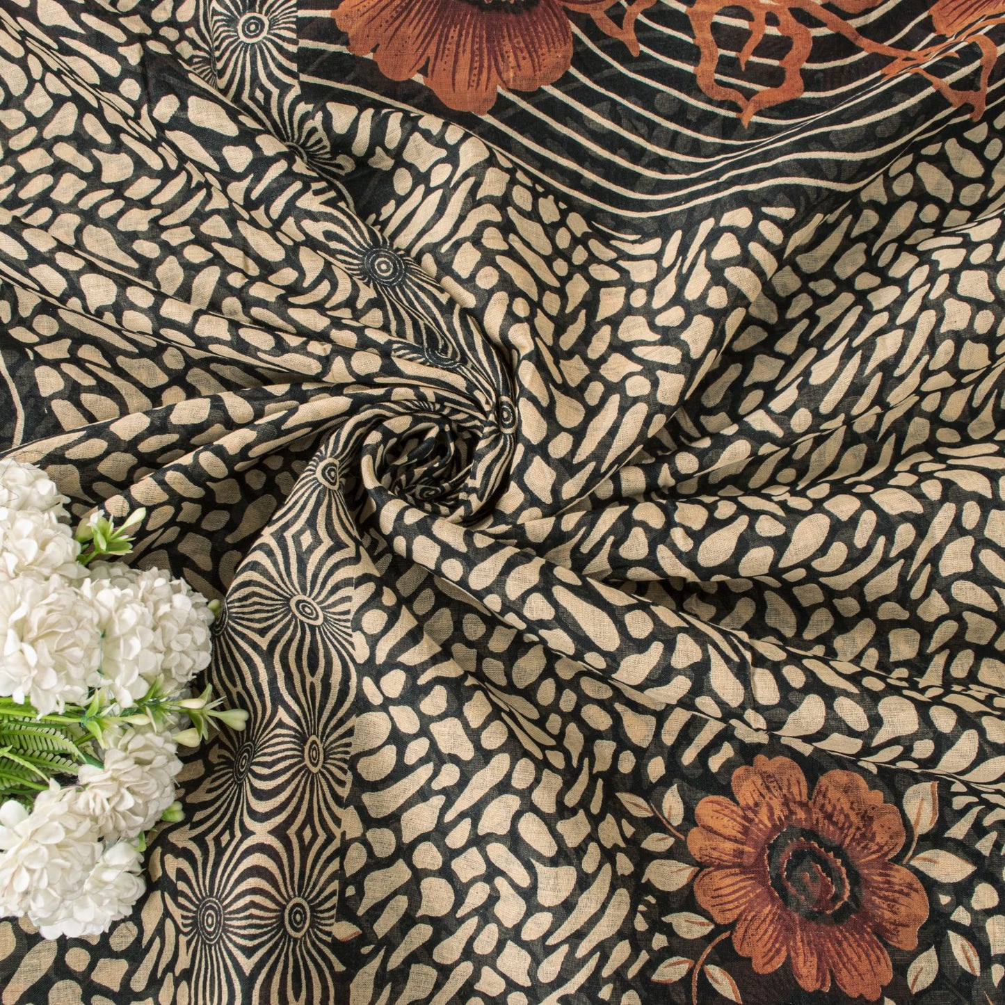 Sanskriti Vintage Saree Black Pure Cotton Floral Printed Sari 5+YD Craft Fabric