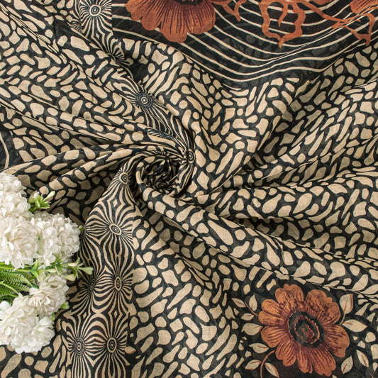 Sanskriti Vintage Saree Black Pure Cotton Floral Printed Sari 5+YD Craft Fabric