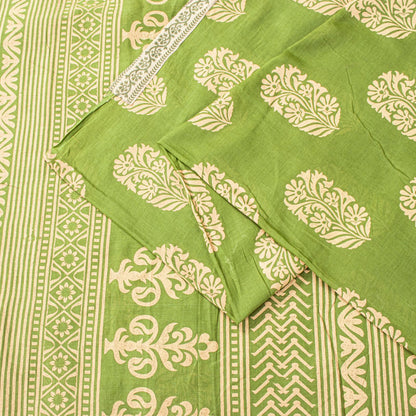 Sanskriti Vintage Saree Green Pure Cotton Block Floral Printed Sari 5+YD Fabric