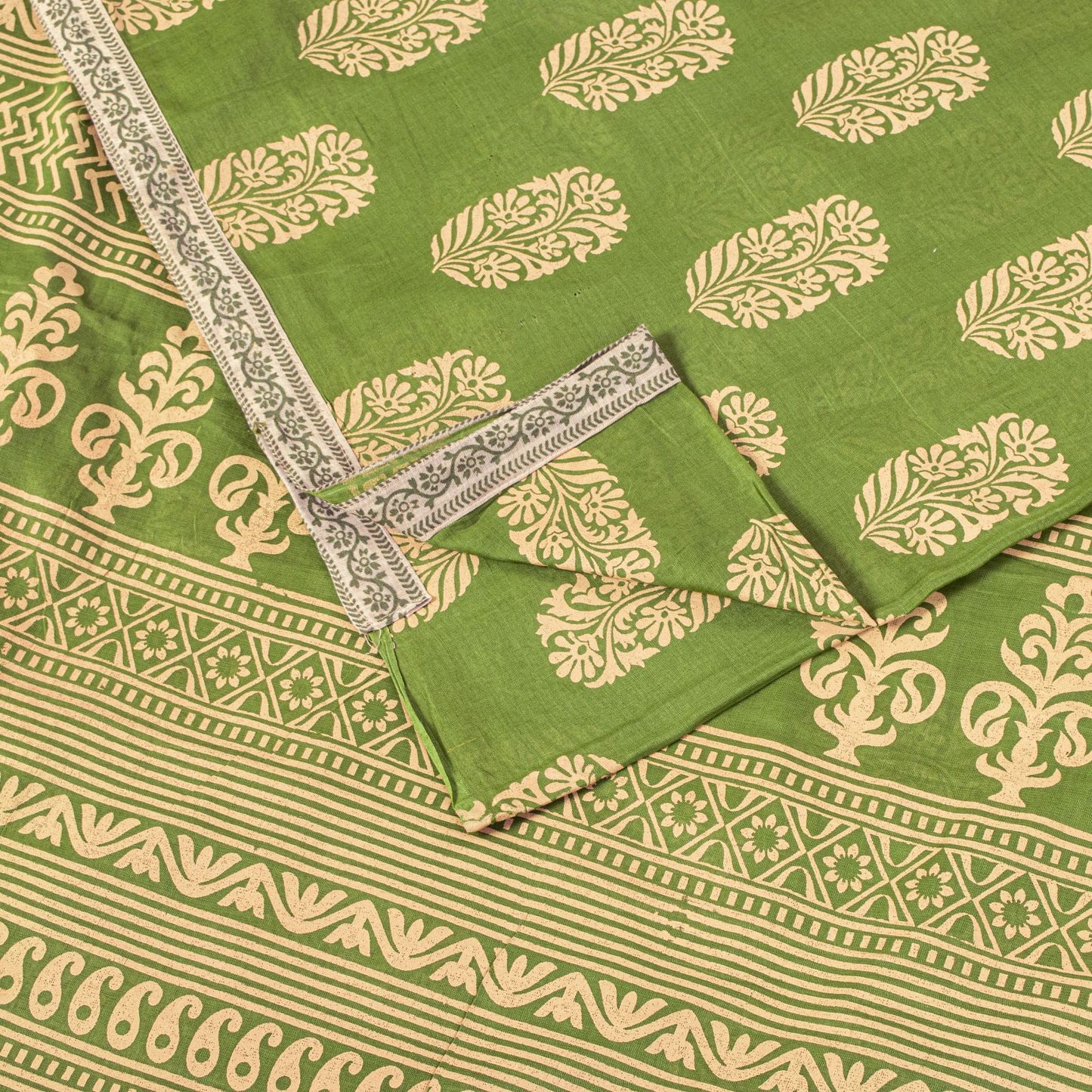 Sanskriti Vintage Saree Green Pure Cotton Block Floral Printed Sari 5+YD Fabric