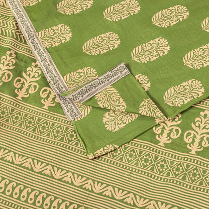 Sanskriti Vintage Saree Green Pure Cotton Block Floral Printed Sari 5+YD Fabric