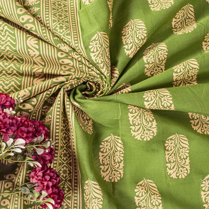 Sanskriti Vintage Saree Green Pure Cotton Block Floral Printed Sari 5+YD Fabric