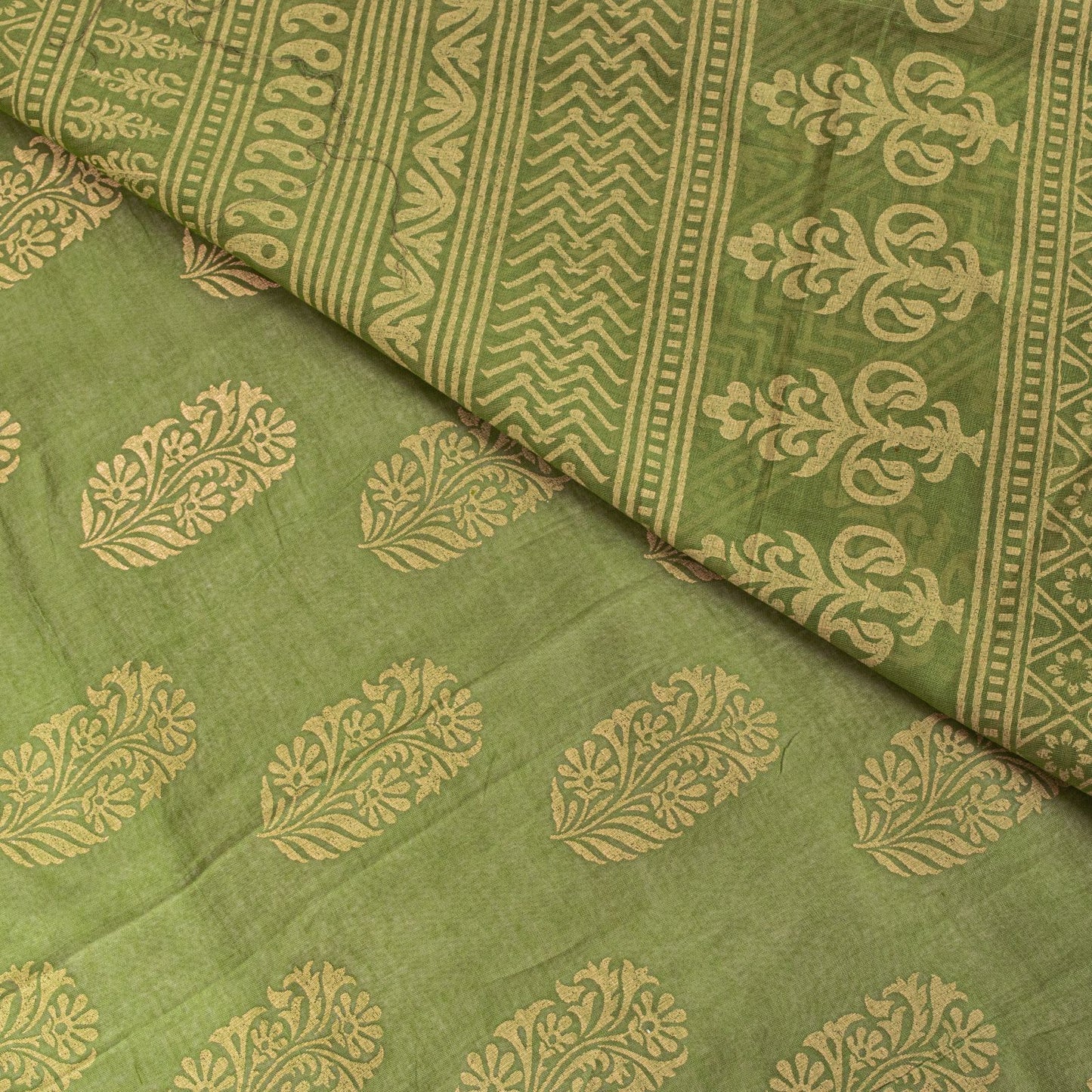 Sanskriti Vintage Saree Green Pure Cotton Block Floral Printed Sari 5+YD Fabric