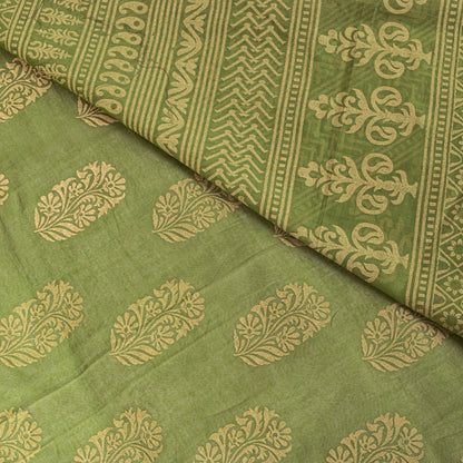 Sanskriti Vintage Saree Green Pure Cotton Block Floral Printed Sari 5+YD Fabric