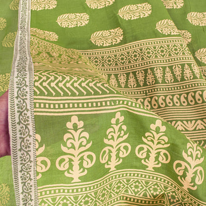 Sanskriti Vintage Saree Green Pure Cotton Block Floral Printed Sari 5+YD Fabric