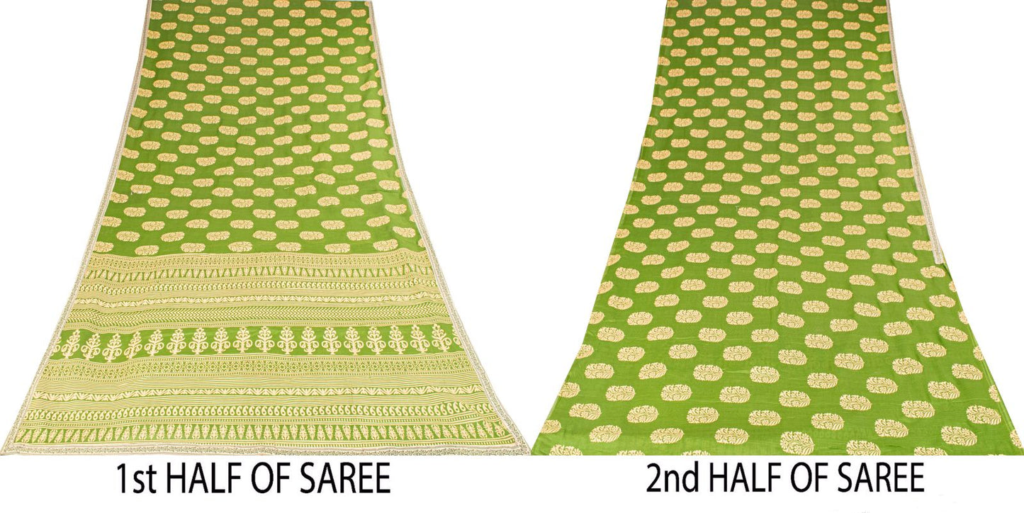 Sanskriti Vintage Saree Green Pure Cotton Block Floral Printed Sari 5+YD Fabric