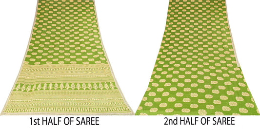 Sanskriti Vintage Saree Green Pure Cotton Block Floral Printed Sari 5+YD Fabric