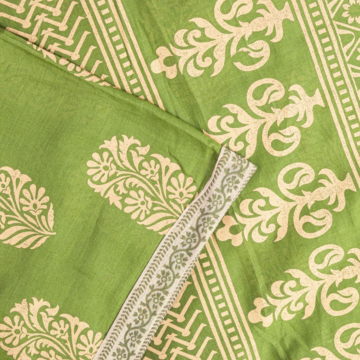Sanskriti Vintage Saree Green Pure Cotton Block Floral Printed Sari 5+YD Fabric
