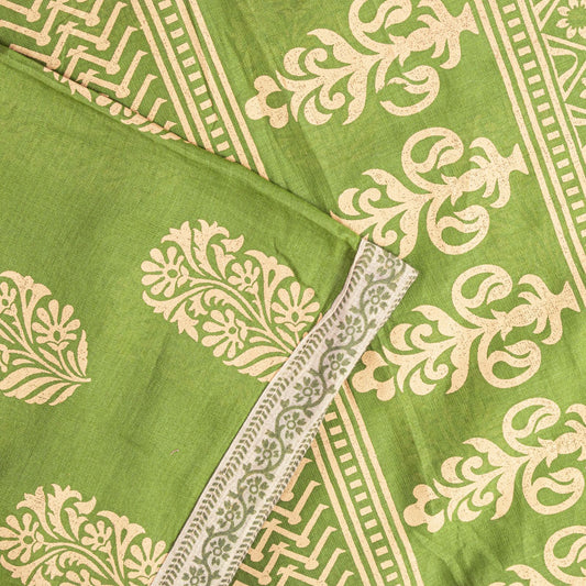 Sanskriti Vintage Saree Green Pure Cotton Block Floral Printed Sari 5+YD Fabric