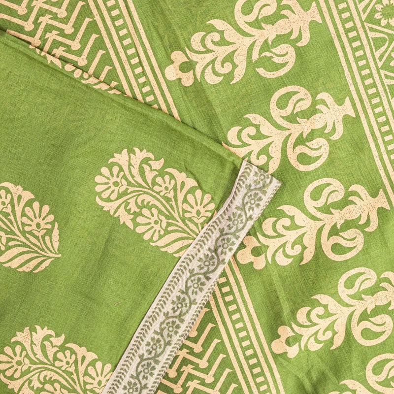Sanskriti Vintage Saree Green Pure Cotton Block Floral Printed Sari 5+YD Fabric