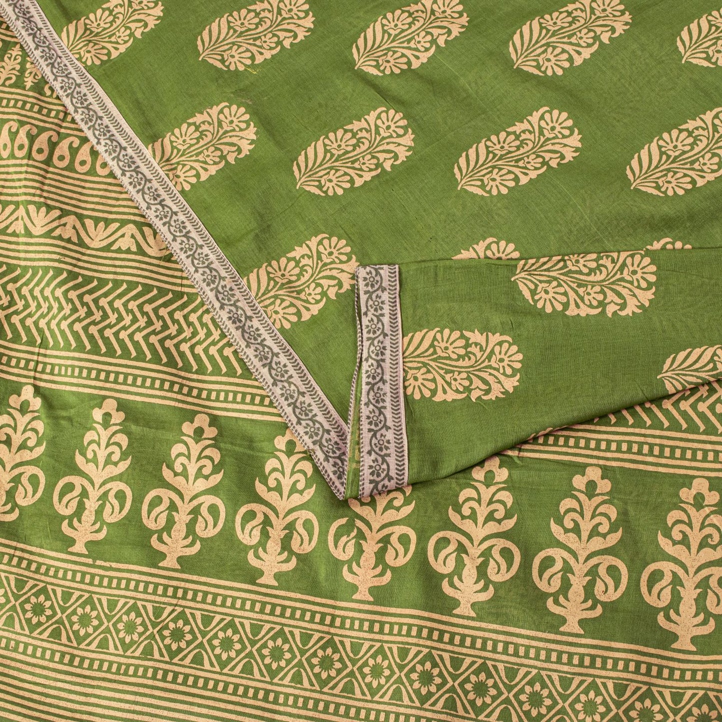 Sanskriti Vintage Saree Green Pure Cotton Block Floral Printed Sari 5+YD Fabric
