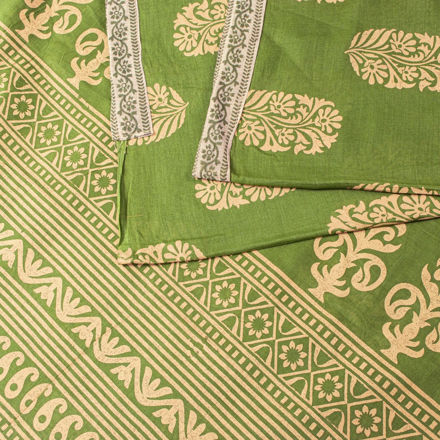 Sanskriti Vintage Saree Green Pure Cotton Block Floral Printed Sari 5+YD Fabric