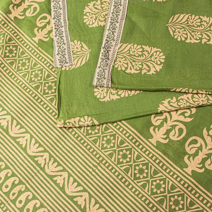 Sanskriti Vintage Saree Green Pure Cotton Block Floral Printed Sari 5+YD Fabric
