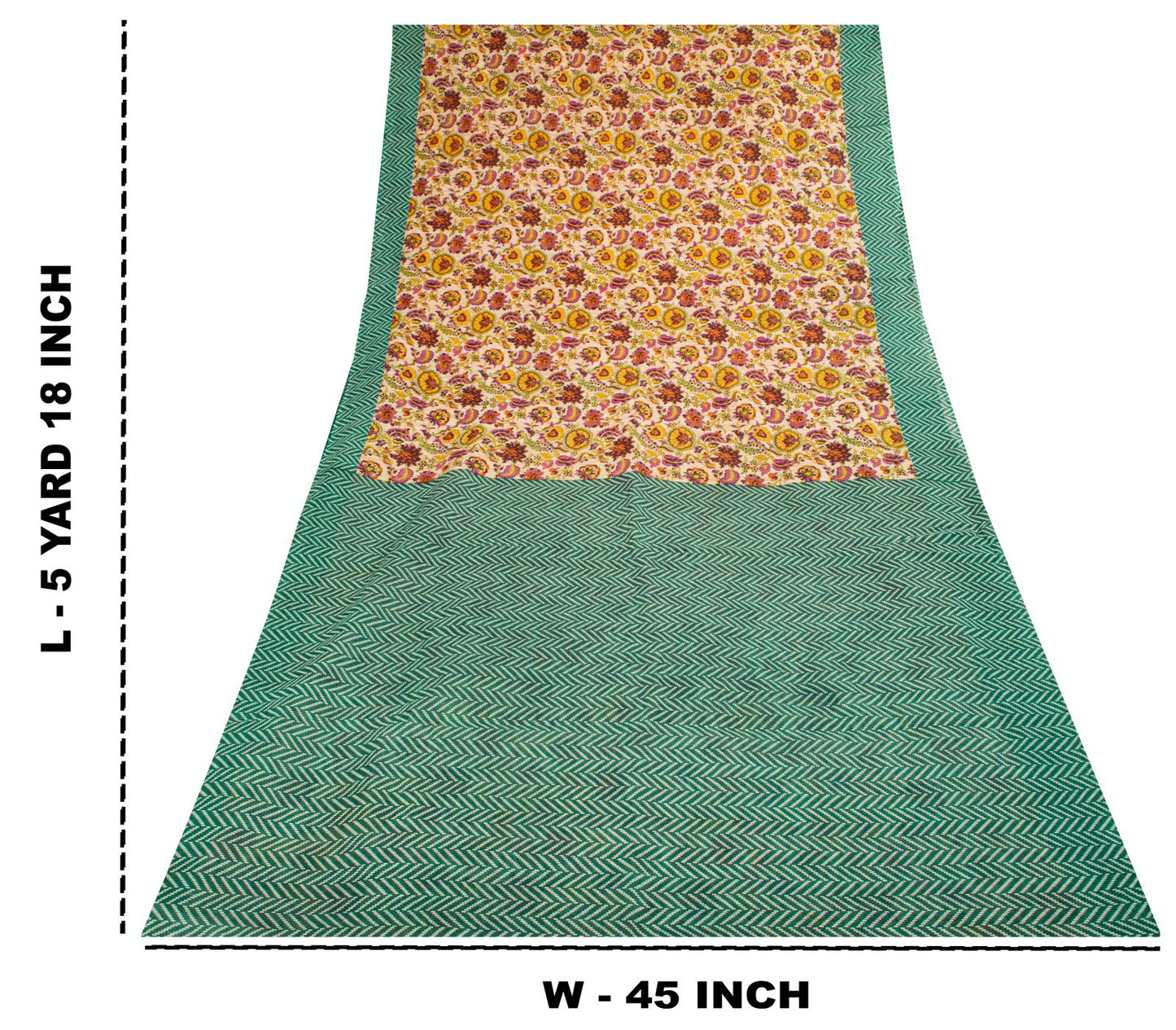 Sanskriti Vintage Saree Beige-Green Pure Cotton Floral Print Sari 5.5+Yard Craft
