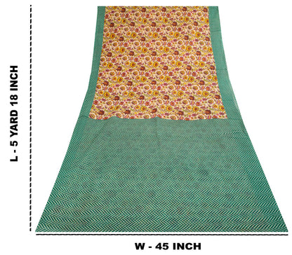 Sanskriti Vintage Saree Beige-Green Pure Cotton Floral Print Sari 5.5+Yard Craft