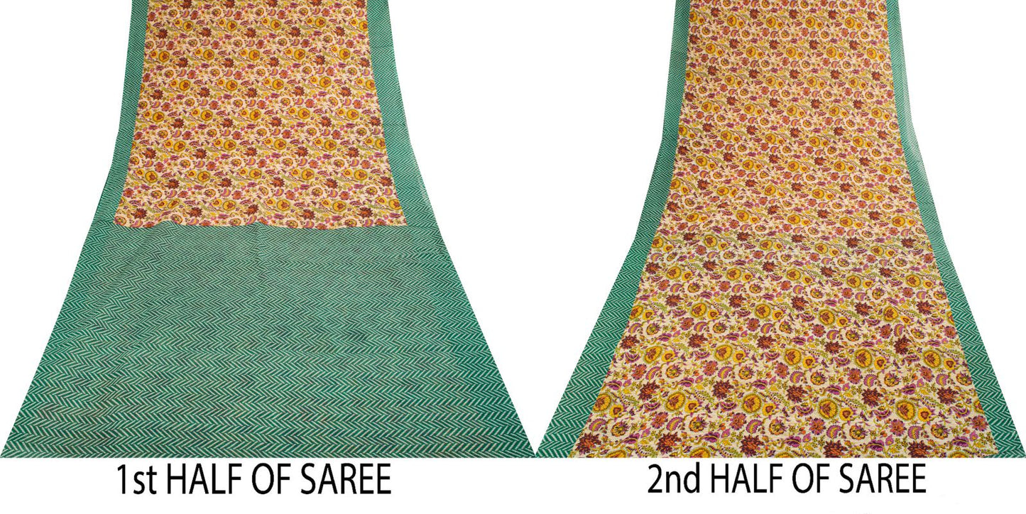 Sanskriti Vintage Saree Beige-Green Pure Cotton Floral Print Sari 5.5+Yard Craft